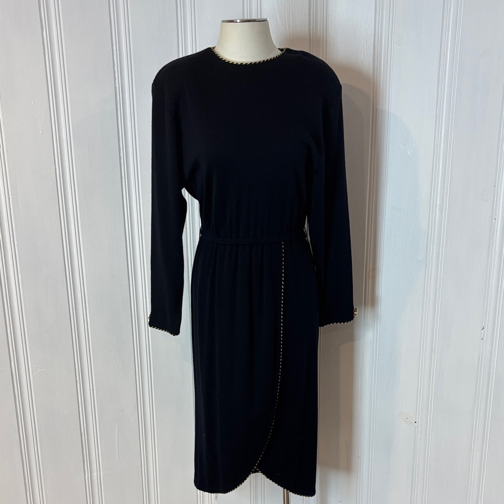 SCHRADER KNIT Vintage Black Wool Blend Midi Dress with Gold Trim – Size M